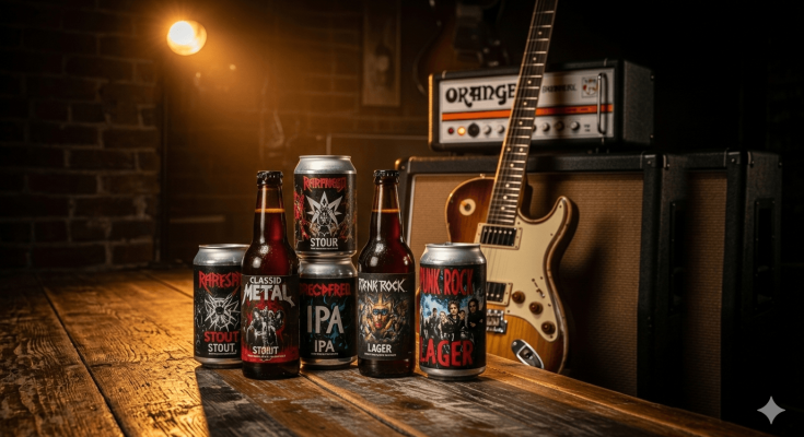 Selección de cervezas de bandas de rock y heavy metal junto a una guitarra eléctrica y un amplificador