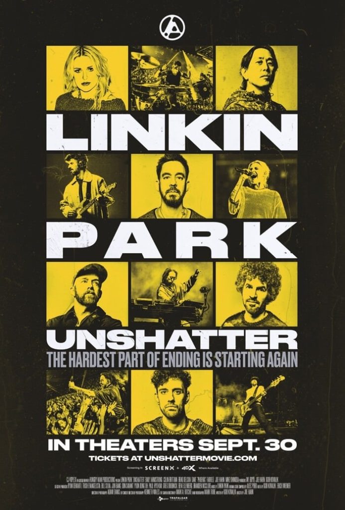 Cartel de Unshatter de Linkin Park donde se ve su fecha de estreno en cines