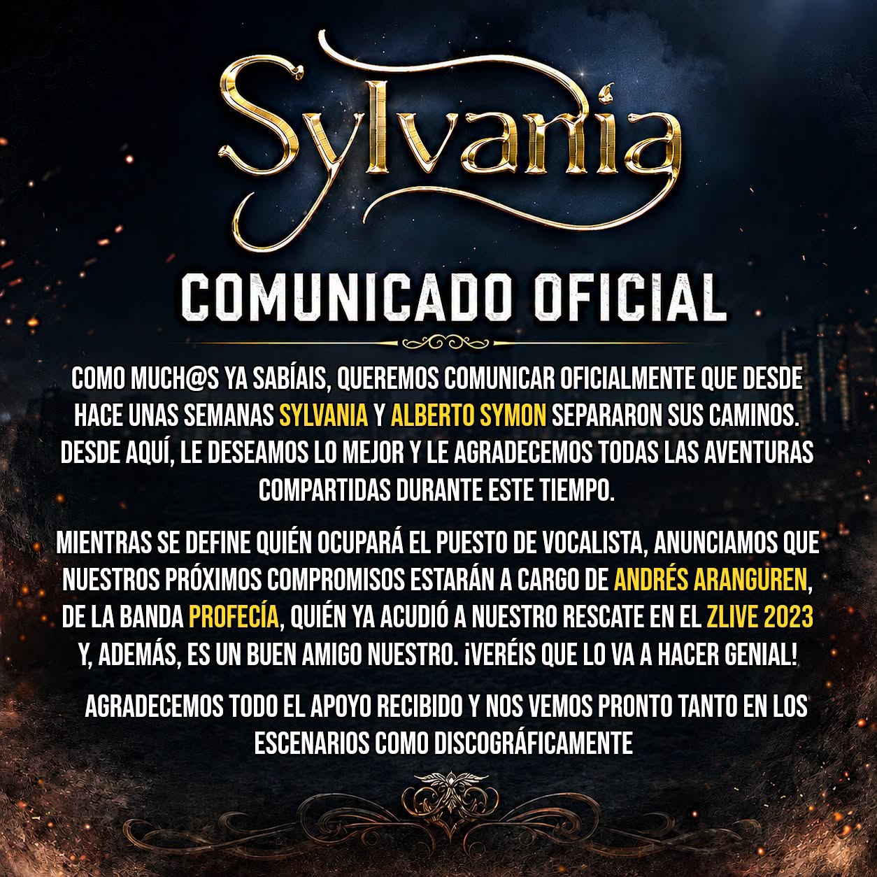 Comunicado cambio de vocalista de Sylvania