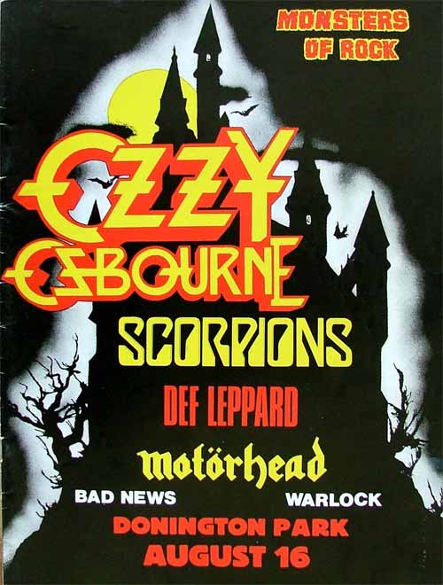 Cartel de Monsters of Rock de 1986, con Ozzy Osbourne, Scorpions, Def Leppard, Bad News y Warlock