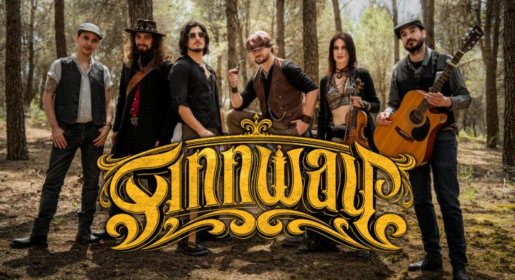 Grupo de folk metal Finnway posando al aire libre en un entorno natural.